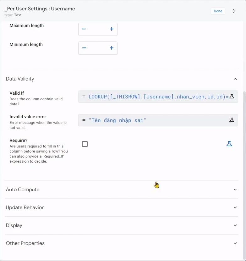Cài đặt khớp chính xác username