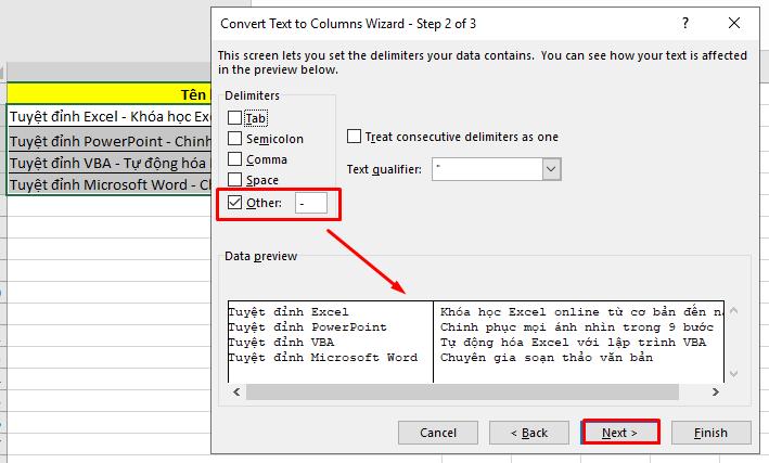 Cài đặt điều kiện tách cho cột dữ liệu