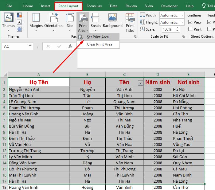 Cài đặt in một phần trong Excel