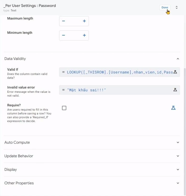 Cài đặt khớp chính xác password
