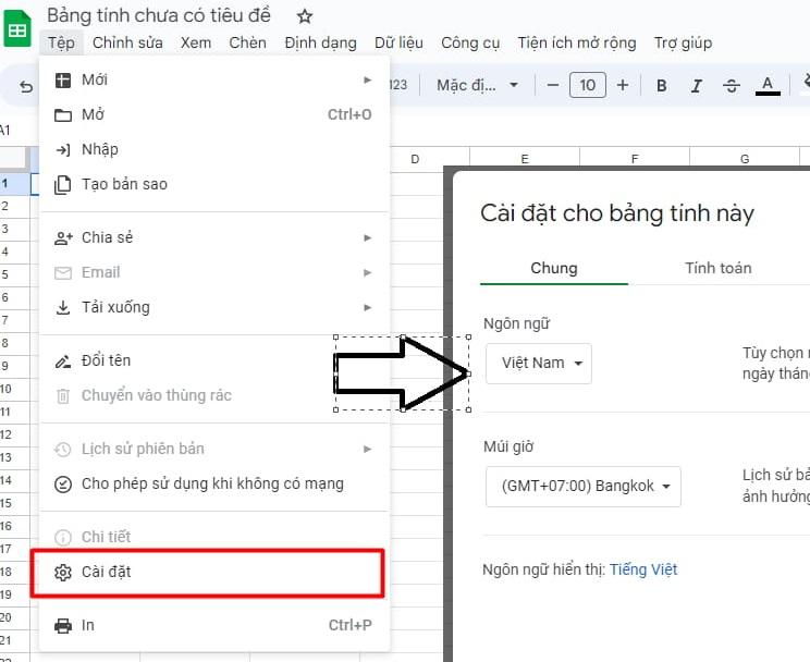 Cài đặt ngôn ngữ tiếng Anh cho Google sheet