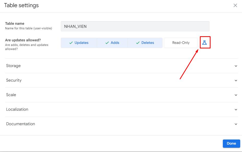 cài đặt Table Settings trong tab Data