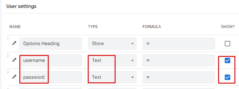Đặt định dạng text cho username và password