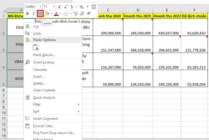 Căn chỉnh ô theo chiều ngang bằng chuột