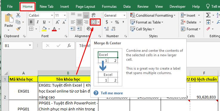 Căn giữa ô bằng Merge Center