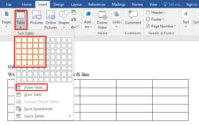 Cách một để chèn bảng trong Word