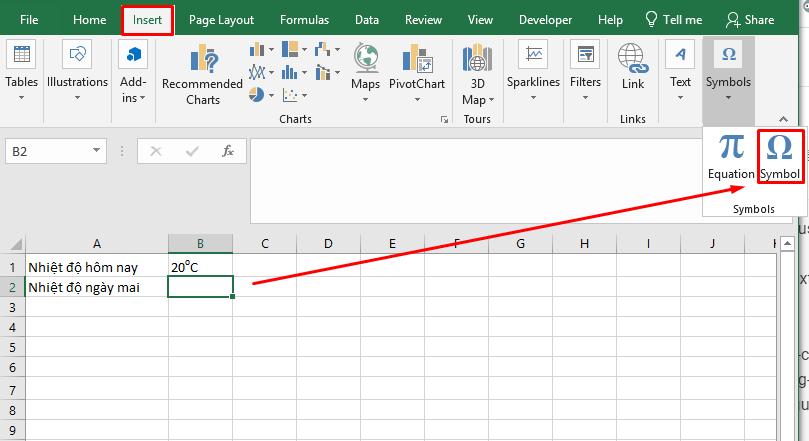 Chèn độ C bằng công cụ Symbol trong Excel bước 1