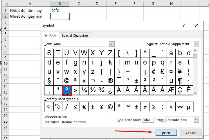 Chèn độ C bằng công cụ Symbol trong Excel bước 2