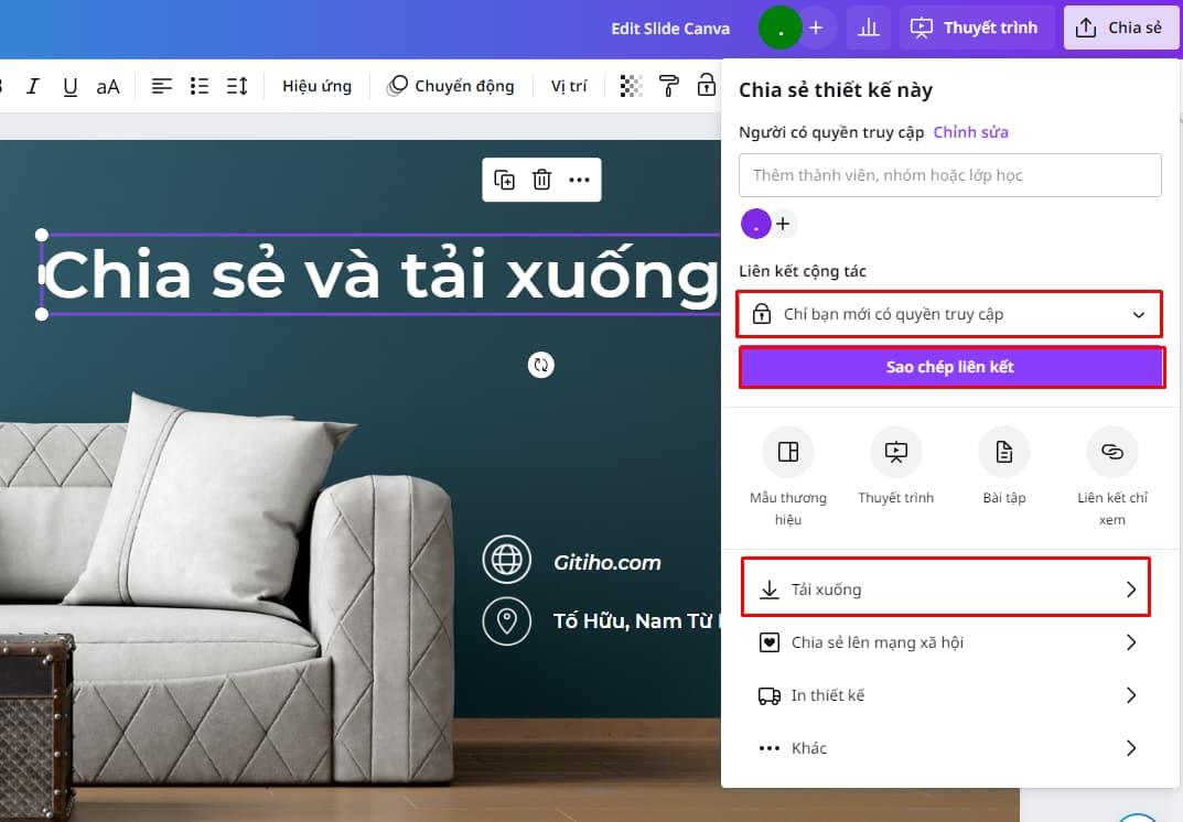 Chia sẻ và tải xuống slide Canva