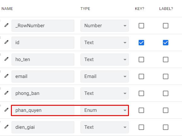 Định dạng kiểu dữ liệu cho bảng