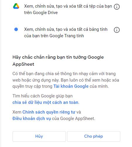 Cho phép Appsheet truy cập vào tài khoản Google