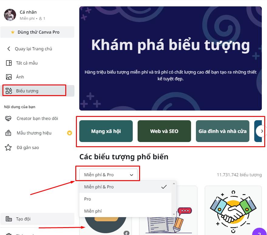 Chọn biểu tượng Canva miễn phí hoặc Pro