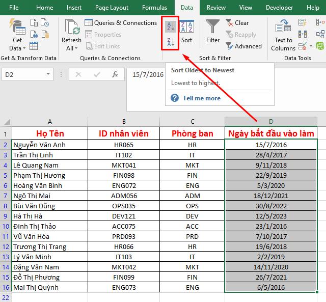 Chọn biểu tượng sắp xếp thứ tự trong nhóm Sort and Filter