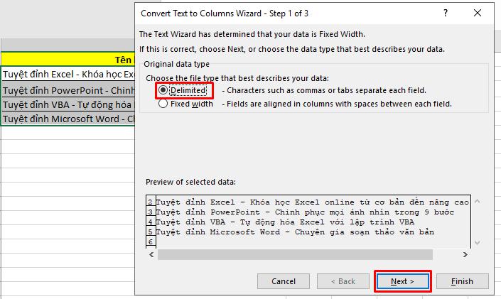 Chọn cách chia cột cho dữ liệu trên Excel