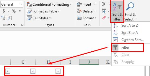 Chọn công cụ lọc Filter trong Excel