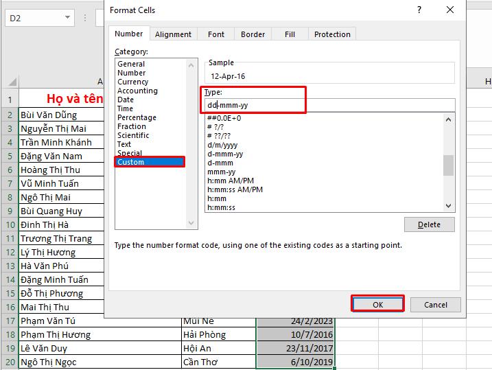 Chọn định dạng tùy chỉnh trong Excel
