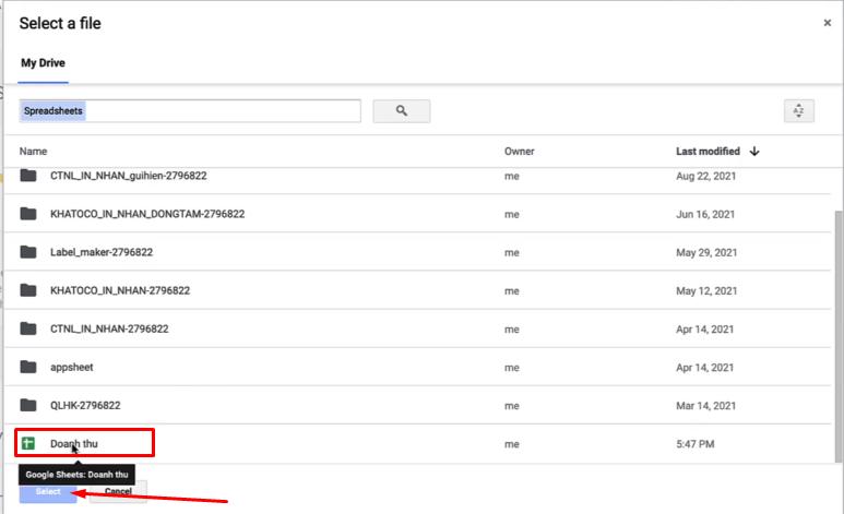 Chọn file dữ liệu nguồn để liên kết với ứng dụng