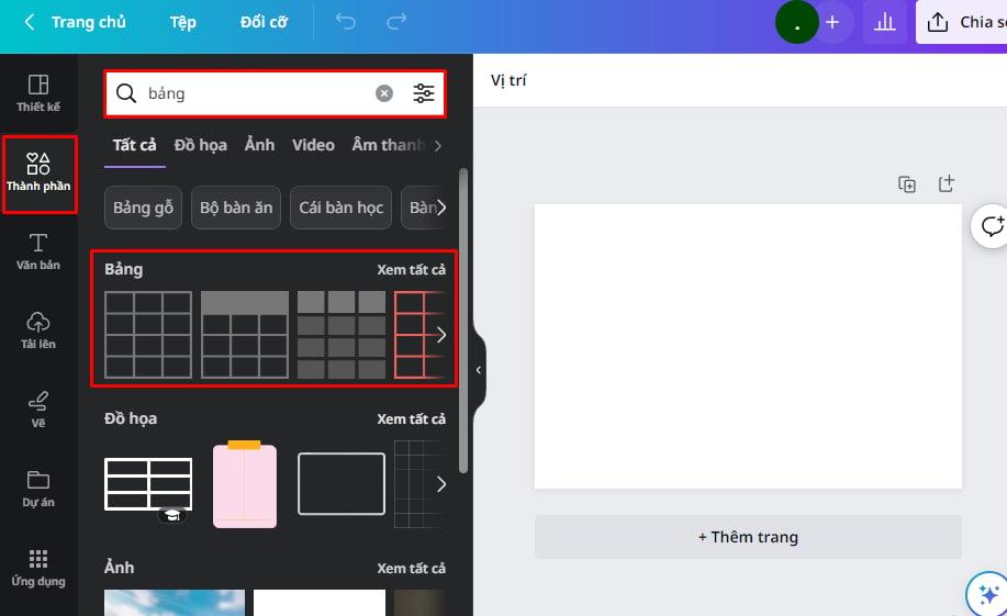 Chọn một mẫu bảng có sẵn trên Canva