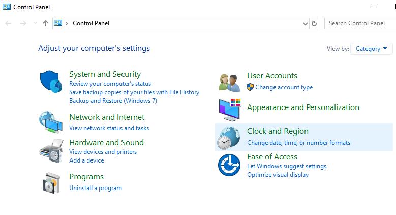 chọn mục Clock and Region