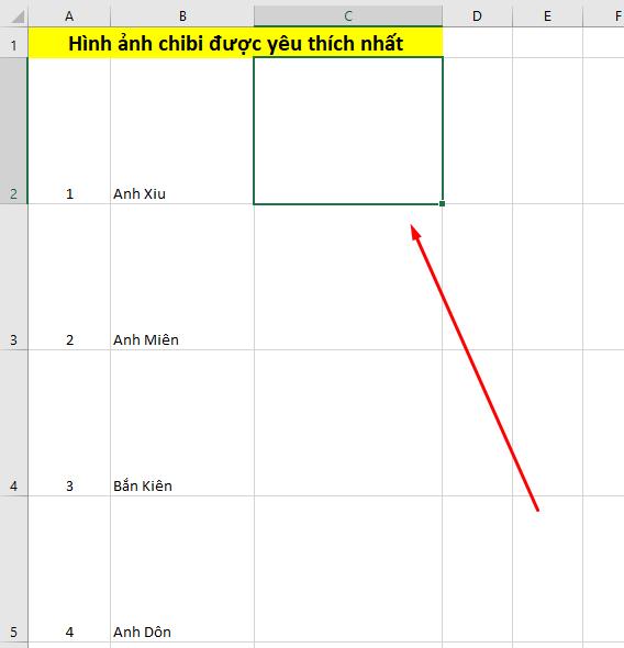 Chọn ô Excel đầu tiên muốn chèn ảnh