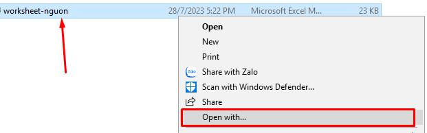 Chọn open with để cài mở mặc định cho tệp csv