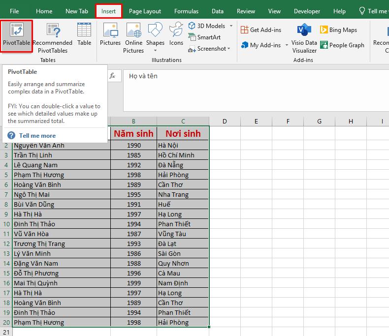 Công cụ Pivot Table trong Excel