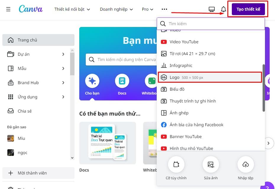Chọn tạo thiết kế trên Canva trên máy tính