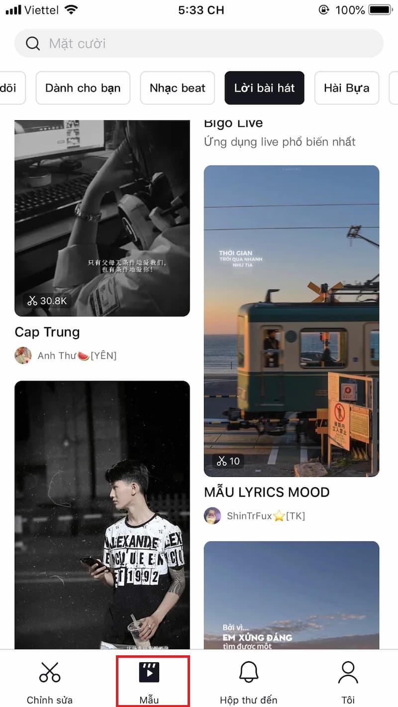 Chọn video mẫu trong thư viện của Capcut
