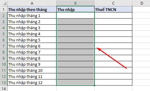 Chọn vùng dữ liệu muốn nhập số tiền