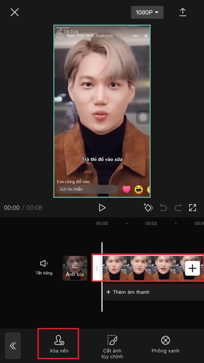 Chọn xóa nền video Capcut trên thanh công cụ