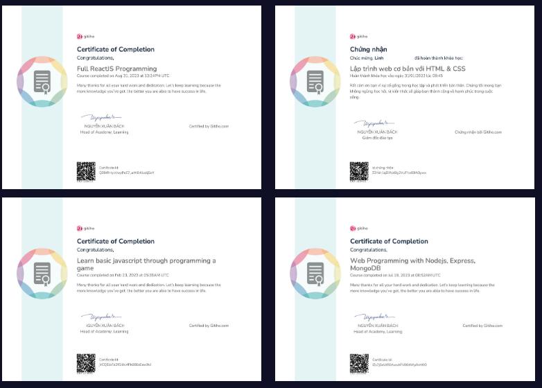 Chứng chỉ sau khi hoàn thành khóa học tại Gitiho