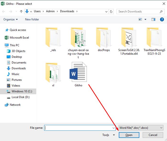 Chạy mã VBA để chuyển file word sang Excel