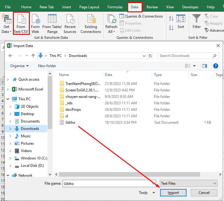 Hộp thoại Import Text File