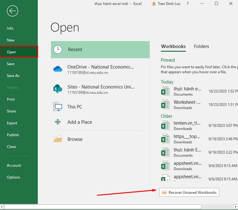 Khôi phục sổ làm việc chưa được lưu
