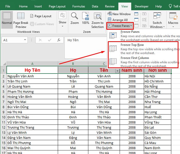 Cố định dòng hoặc cột tiêu đề