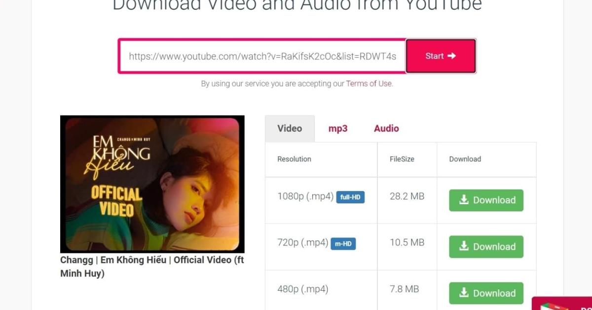 công cụ tách nhạc Youtube y2mate.com 2