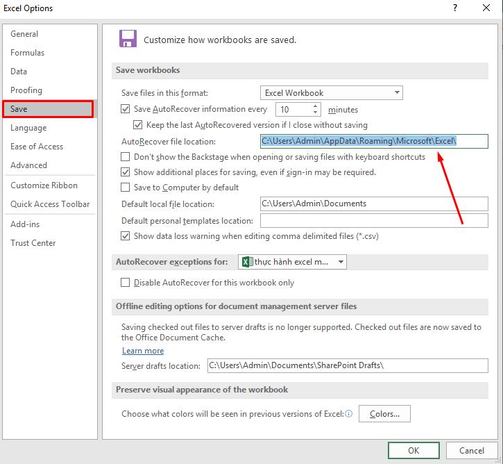 Copy đường dẫn sao lưu file Excel