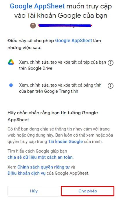 Đăng nhập vào Appsheet bằng tài khoản Google