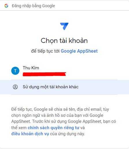 Sử dụng tài khoản Google để đăng nhập vào Appsheet