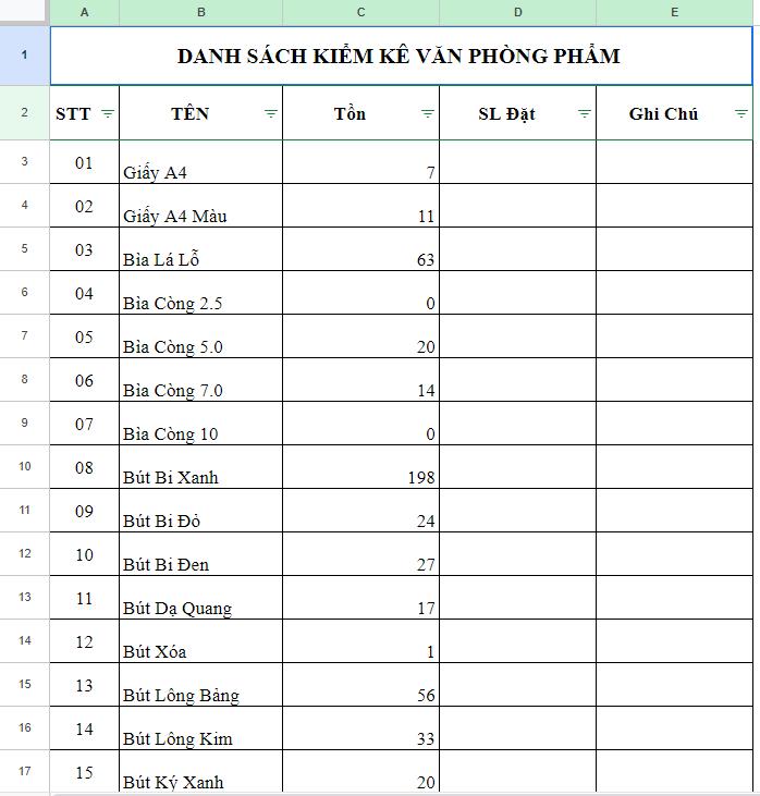 Danh sách kiểm kê văn phòng phẩm dành cho công ty