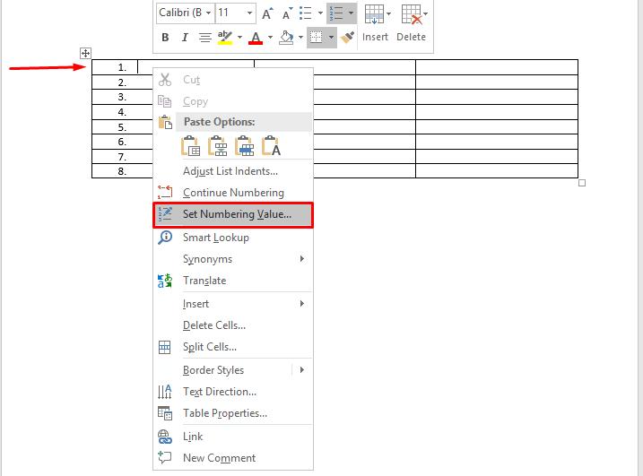 Đánh số thứ tự trong bảng Word bắt đầu từ số bất kỳ 2