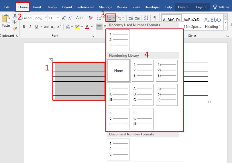 Đánh số thứ tự trong bảng Word bắt đầu từ số bất kỳ 1