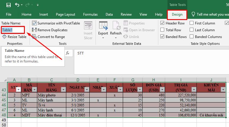 Đặt tên cho bảng