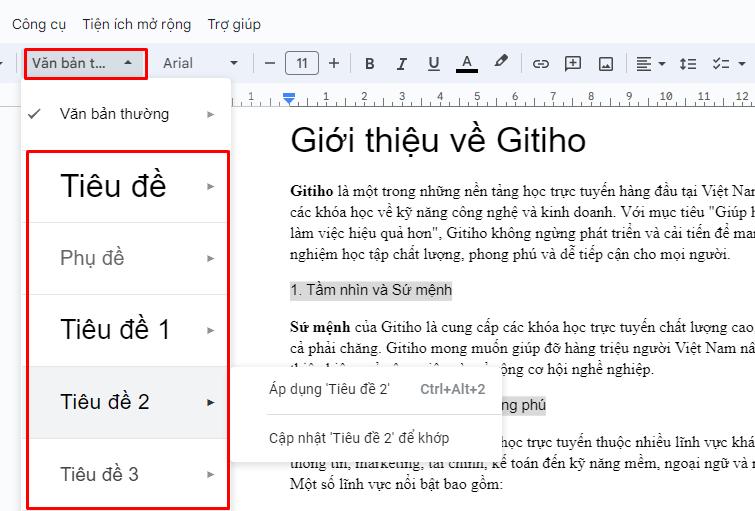 Đặt thẻ tiêu đề trong google doc 1