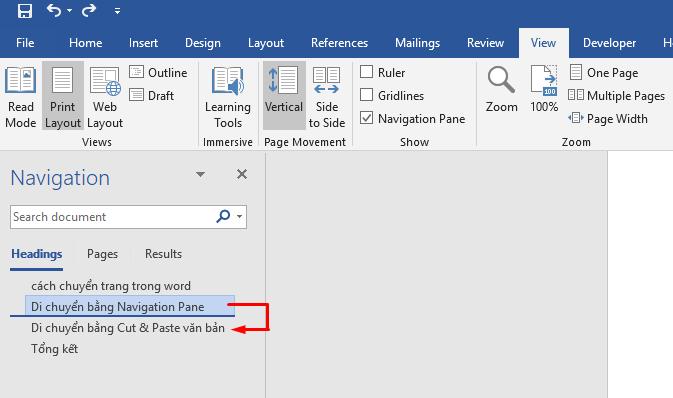 Cách chuyển trang trong word bằng Navigation Pane 2