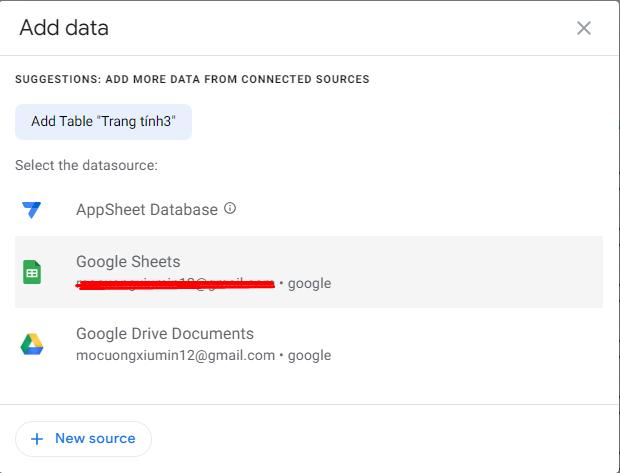 Chọn datasource là Googlesheet