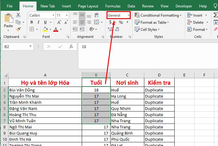 Định dạng ô là Number