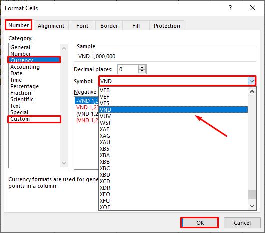 Định dạng tiền tệ tùy chỉnh Format Cells