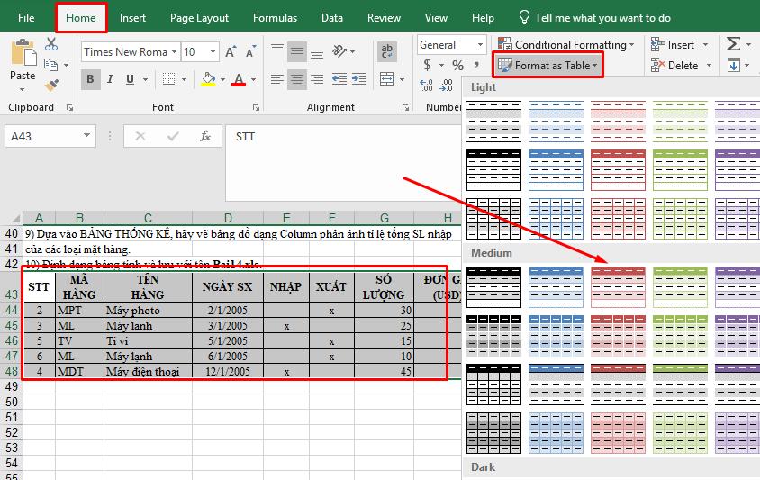 Định dạng cho bảng