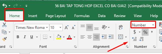 Đổi định dạng trên thanh công cụ Excel